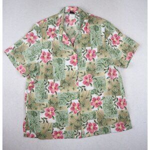 BONWORTH - WOMEN'S GREEN PINK FLORAL PRINT SHORT SLEEVE BUTTON-UP SHIRT - PL